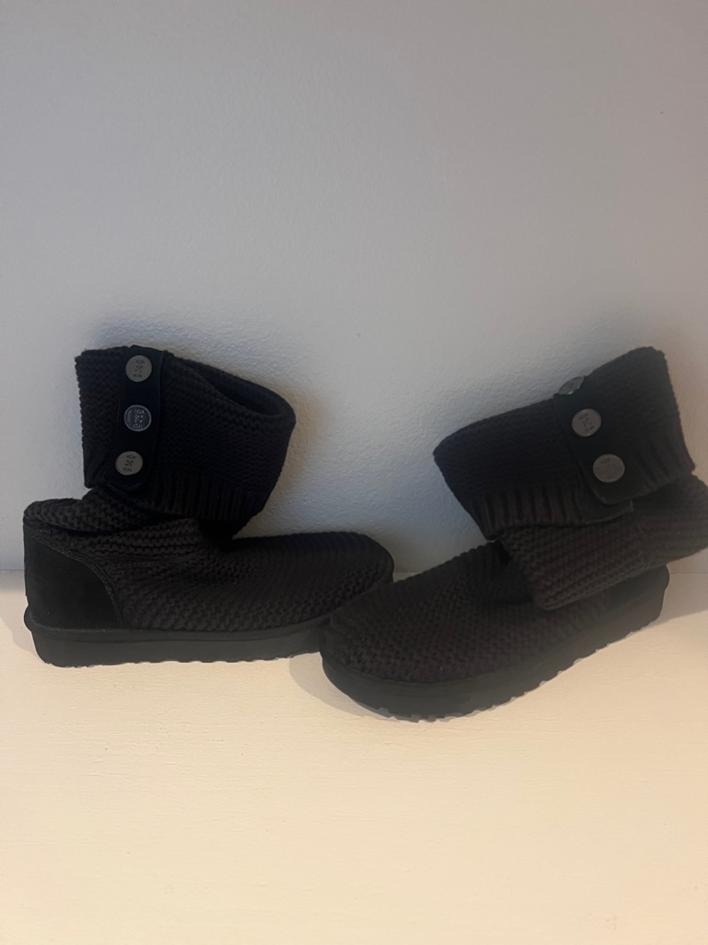 NWOT UGG Black Knit Fold-Over Ankle Boots with Button Detail